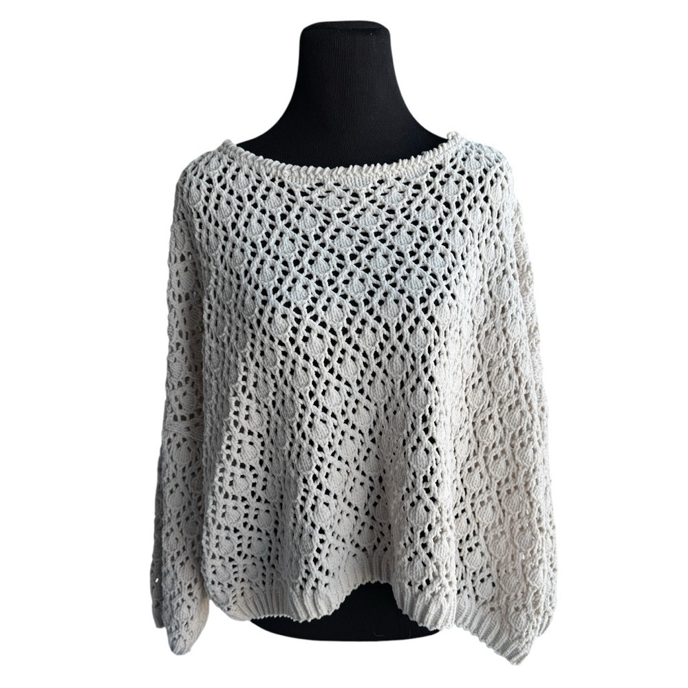 Pol Crochet Open Knit Sweater Beige Tan Neutral Relaxed Fit Womens S Boho Dolman
